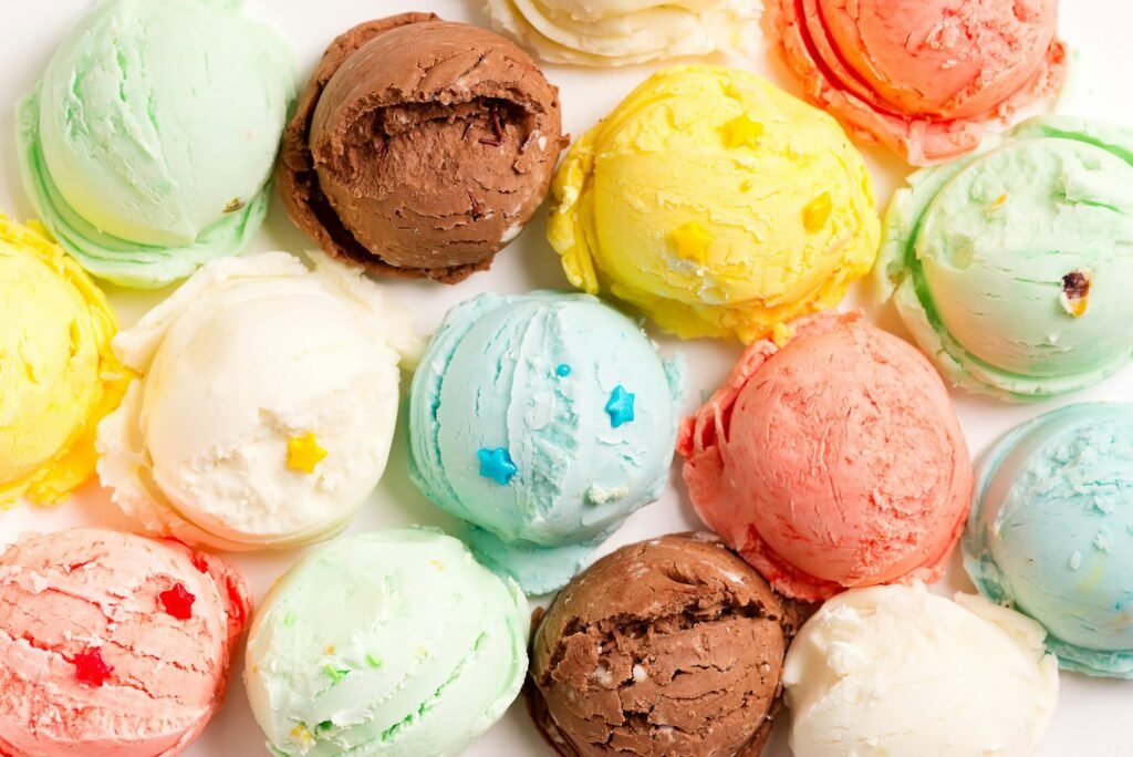 Close-up colorful balls from freshly prepared homemade sweet tasty ice cream or gelato with star